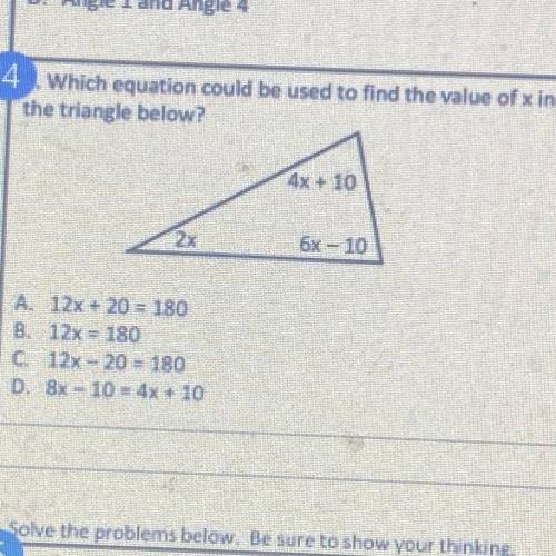 Which equation could be used to find the value of x in the triangle below
