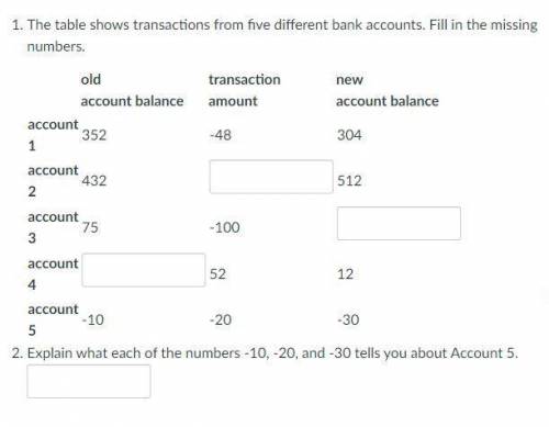 The table shows transactions from five different bank accounts. fill in the missing numbers. old ac