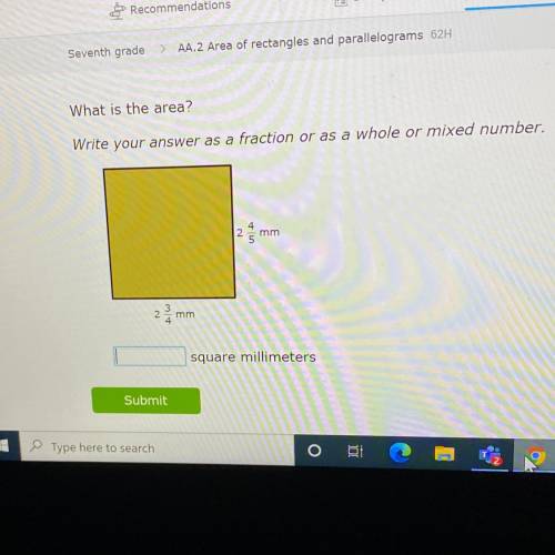 Seventh grade

AA.2 Area of rectangles and parallelograms 62H
What is the area?
Write your answer