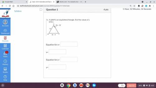 If triangle MNP is an equilateral triangle, find the values of x and y