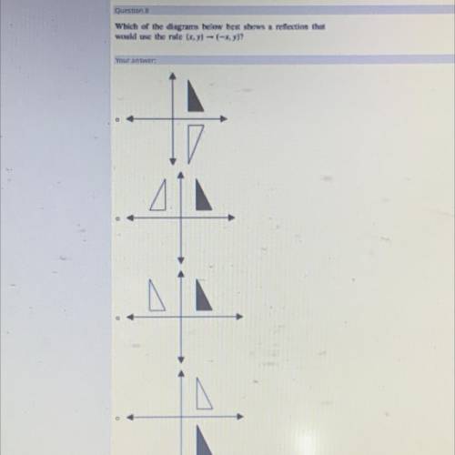 Which of the diagrams below best shows a reflection that would answer the rule (x,y) ➡️ (-x,y)

8t