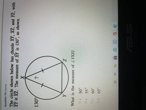 the circle shown below has chords XY XZ with XY =XZ. The measure of XY is 130 as shown. What is the