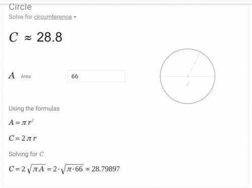 The area of a circle is 66cm what is the circumference 
use (22/7)