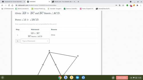 Given: AB ≅ BC and BC bisects ∠ACD.∠ACD.
Prove:∠A≅∠BCD