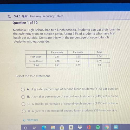 Question 1 of 10

Northlake High School has two lunch periods. Students can eat their lunch in
the