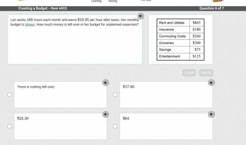 Lori works 168 hours each month and earns $10.85 per hour after taxes. Her monthly budget is shown.