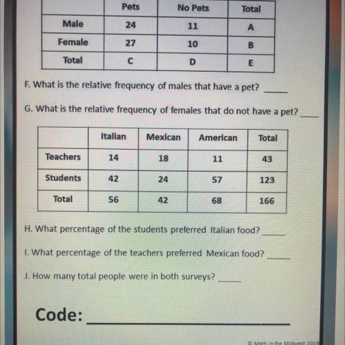 Puzzle Four

Use the two way frequency tables below to answer the questions. To unlock puzzle four