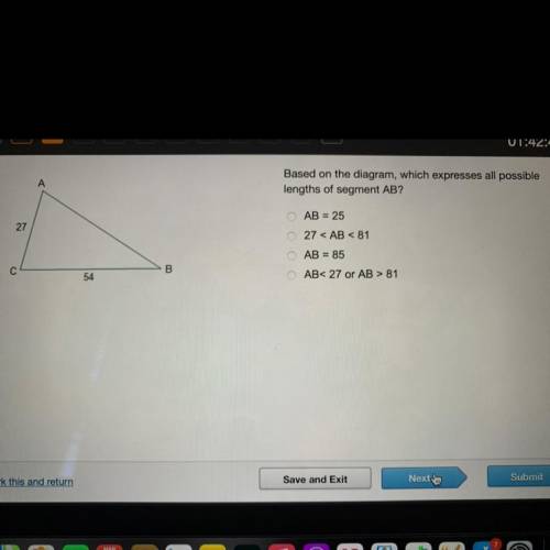 Based on the diagram, which expresses all possible

lengths of segment AB?
A. AB = 25
B. 27 < A