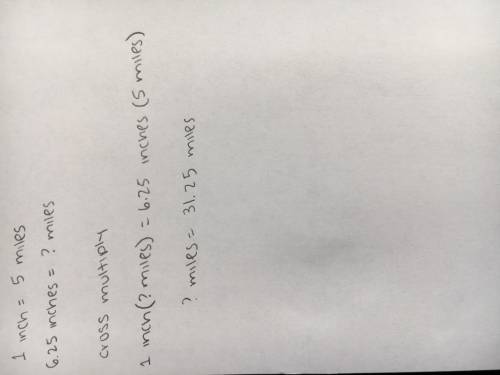 On a map, the scale is 1 inch = 5 miles. On the map, the distance between two cities is 6.25

inche