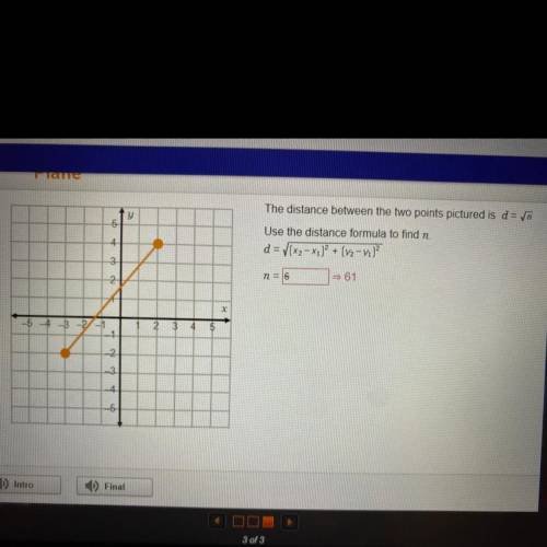 The distance between the two points pictured is d = Vn

Use the distance formula to find n. d = V(