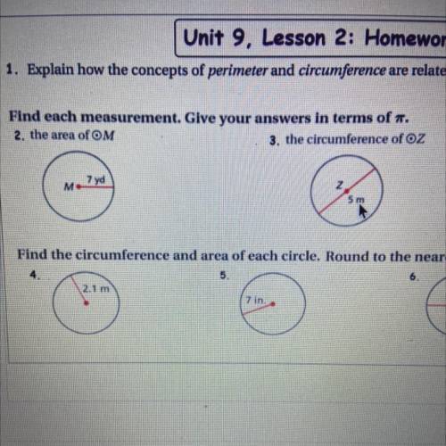 Find each measurement. Give your answers in terms of pi.
(just #2 and #3)