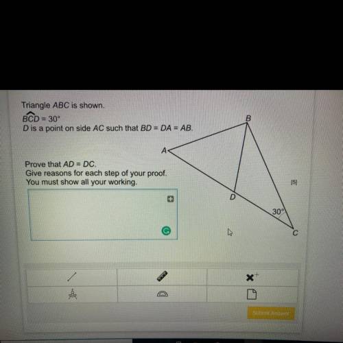 Triangle ABC is shown. BCD = 30. D is a point on side AC such that BD = DA = AB.

Prove that AD =