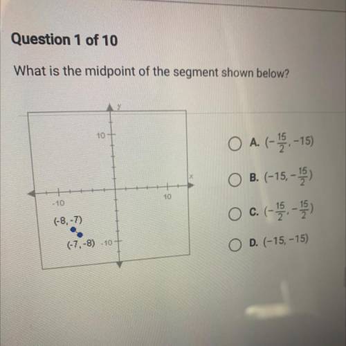What is the midpoint of the segment shown below?

10
O A. (- 15.-15)
O B. (-15, -19)
O C. (- 15,-