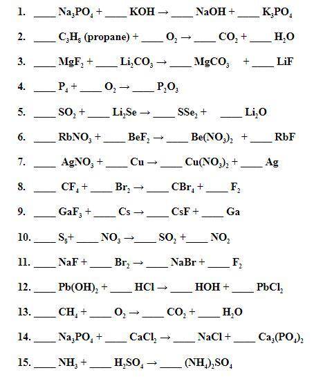 For Each 15 Equations - Balancing Chemical Equations

1. Reaction Type2. Balancing3. Molar Mass fo