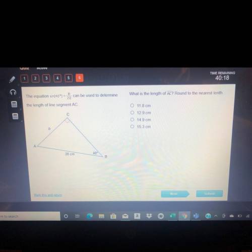 B

The equation sin(40°) = can be used to determine
20
the length of line segment AC.
- kao
C
b
А