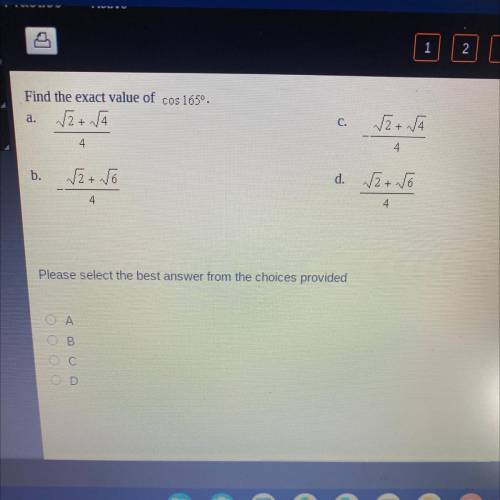 Find the exact value of cos 165º.