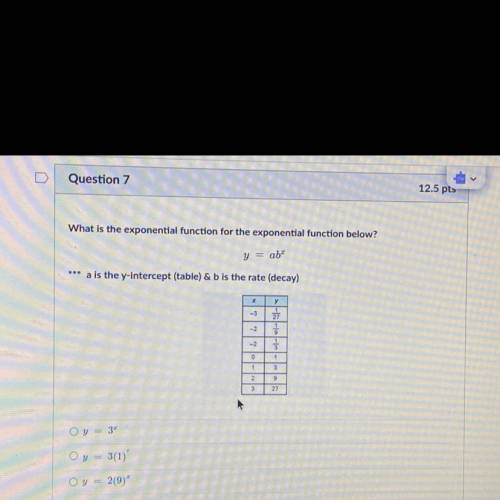 Question 7

12.5 pts
What is the exponential function for the exponential function below?
y = ab
*