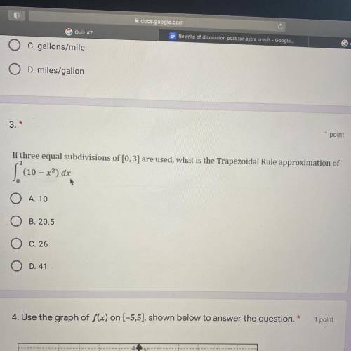 If three equal subdivisions of [0,3] are used, what is the Trapezoidal Rule approximation of