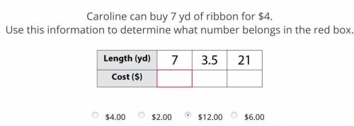 Caroline can buy 7 yd of ribbon for $4.

Use this information to determine what number belongs in