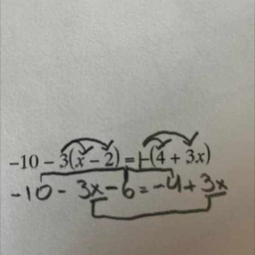 Solving each equation: -10-3(x-2)=-(4+3x)
