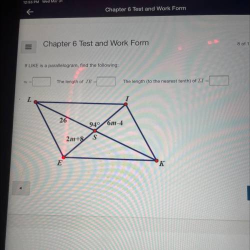 If LIKE is a parallelogram, find the following:

m
The length of IE
The length (to the nearest ten