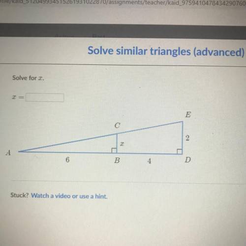 Solve similar triangles (advanced)
Solve for x
x=?