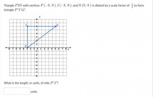 Triangle PIG with vertices P(−3,0), I(−3,6), and G(5,6) is dilated by a scale factor of 12 to form