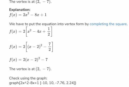Determine the vertex of the function 
f(x)-2x^2+8x-1.