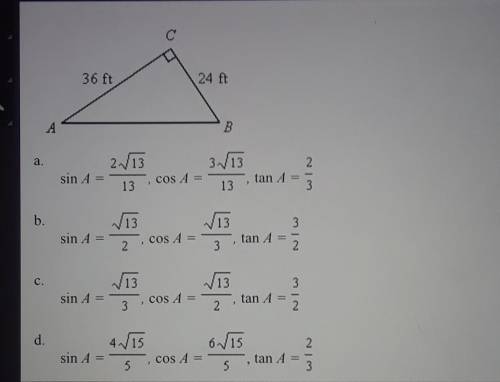 I need help please Find the values of the sine, cosine, and tangent for <A​