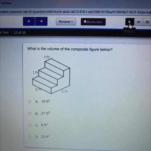 What is the volume of the composite figure below?

O A. 18 ft3
B. 27 ft
C. 9 ft3
O D. 24 ft