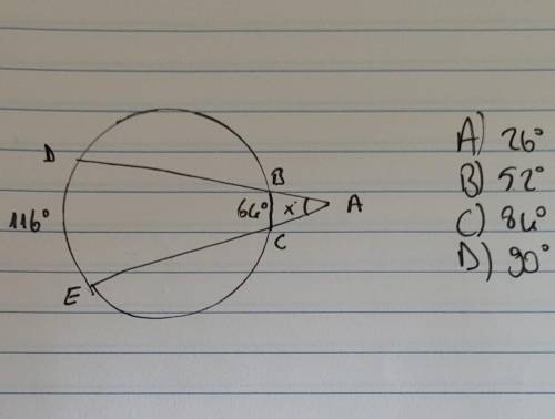 MDE = 116° and mBC = 64°. Find mZA=x°. (The figure Is not drawn to scale.)​