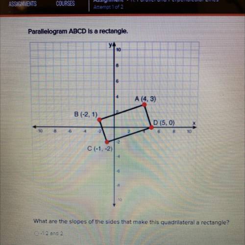 Parallelogram ABCD is a rectangle. What are the slopes of the sides that make this quadrilateral a