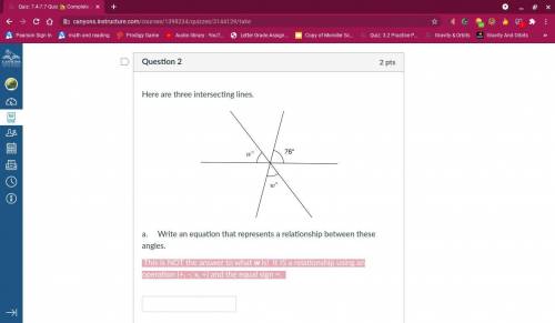 Here are three intersecting lines. Write an equation that represents a relationship between these a