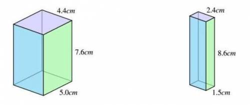 Use the formula V=lwh, to find the volume of each prism.