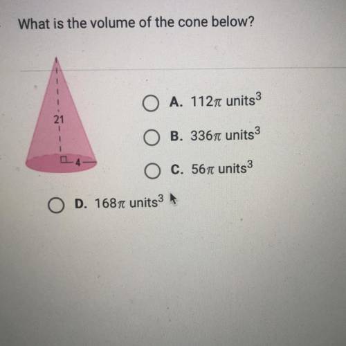 A. 122pi units^3
B. 336pi units^3
C. 56pi units^3
D. 168pi units^3