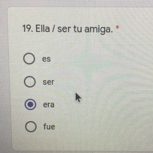 Presente indicativo, es:
Es
Ser
Era
Fue