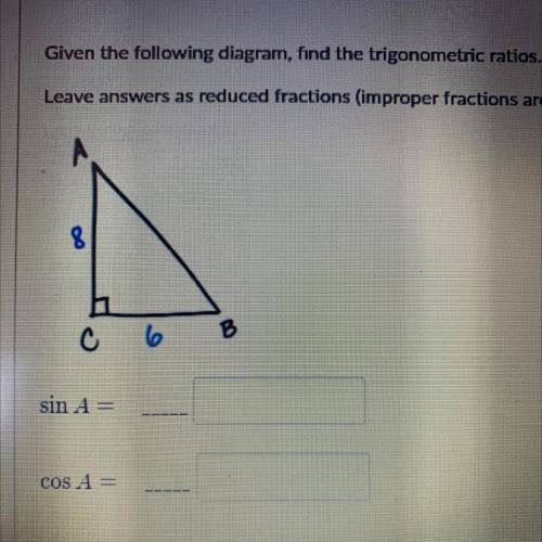 HELP NEEDED PLSS

Given the following diagram, find the trigonometric ratios.
Leave answers as red