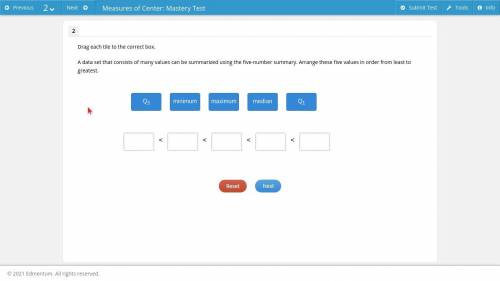 Drag each tile to the correct box.

A data set that consists of many values can be summarized usin