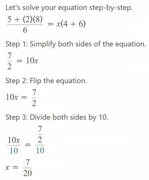 (5+2×8)/6=x(4+6) what is the value of x ?​