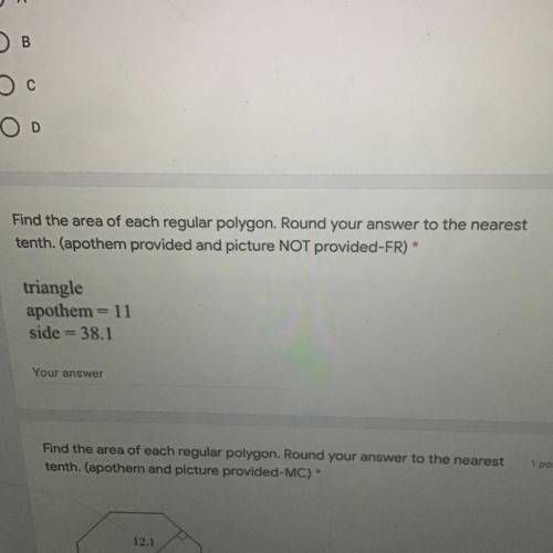 20 points!!! Find the area of each regular polygon. Round your answer to the nearest tenth. (apothe