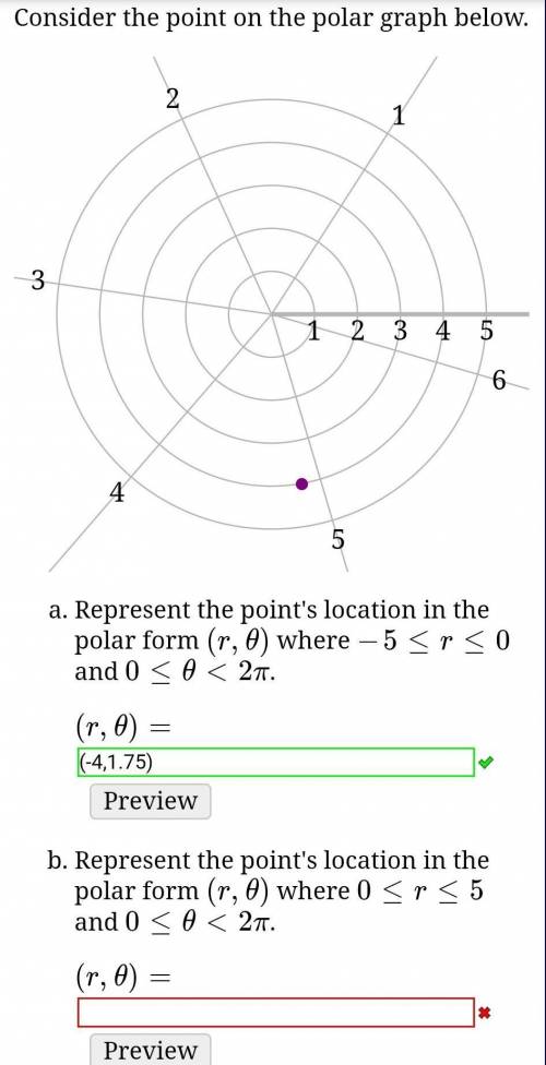 Consider the point on the polar graph below.

Represent the point's location in the polar form (r,