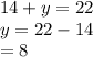 14 + y = 22 \\ y = 22 - 14 \\  = 8