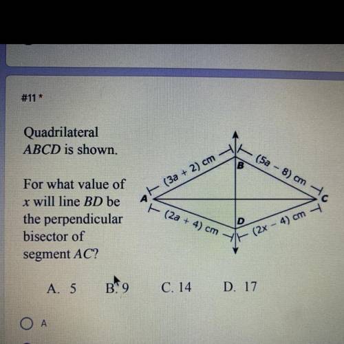 Quadrilateral ABCD is shown.

For what value of x will line BD be the perpendicular bisector of se