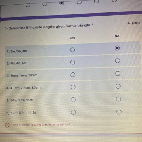 1) Determine if the side lengths given form a triangle