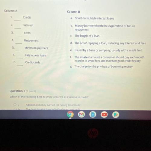 Column A

1
Credit
2
Interest
3
Term
4
Repayment
Column B
a. Short-term, high-interest loans
b. Mo