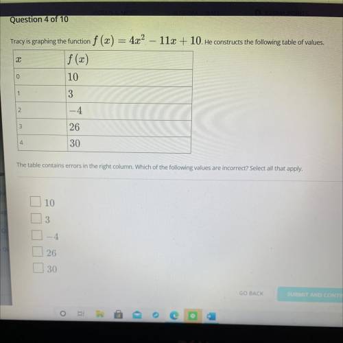 Tracy is graphing the function f (2) = 4.22

11x + 10. He constructs the following table of values