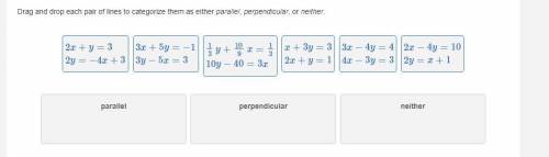 Drag and drop each pair of lines to categorize them as either parallel, perpendicular, or neither.