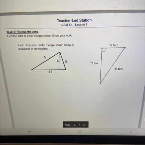 Find the area of each triangle, each dimension of the triangle shown below is measured in centimete
