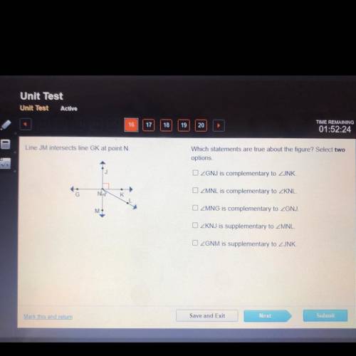 line JM intersects line GK at point N which statements are true about the figure? select two option