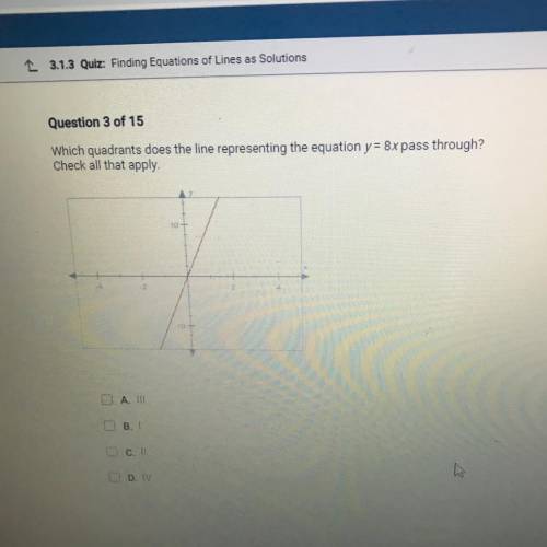 Which quadrants does the line representing the equation y = 8x pass through?

Check all that apply